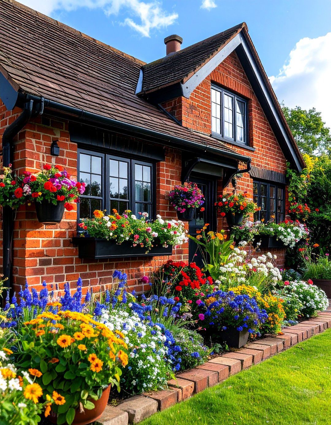 English Cottage Red Brick House with Black Window Boxes and Trim - 25 Red Brick House with Black Trim Design Ideas