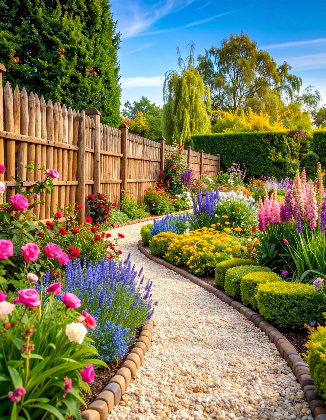 English Cottage Wicker Garden with Informal Plantings - 25 Raised Garden Bed Along Fence Ideas