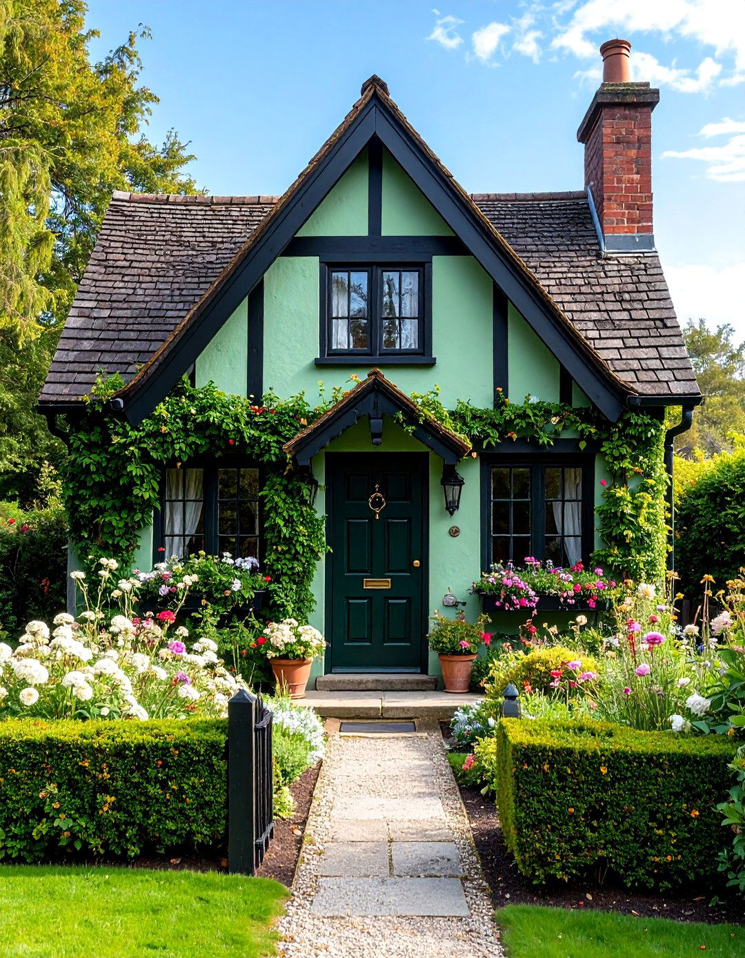 English Cottage with Black Half Timbering - 25 Sage Green House With Black Door