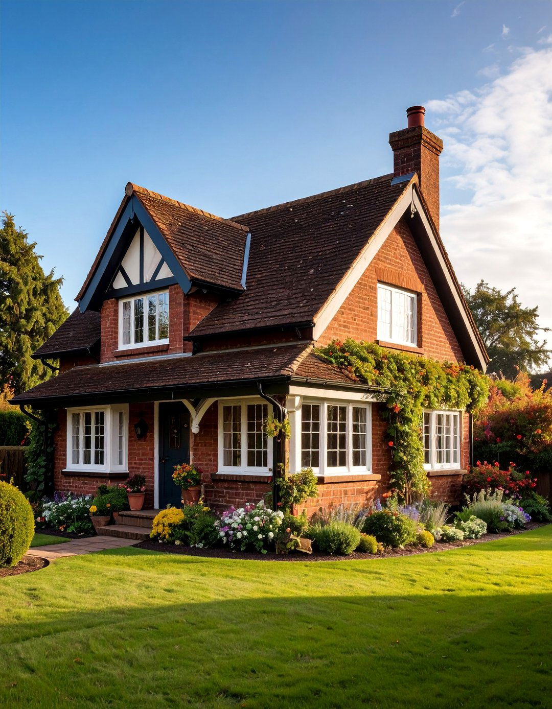 English Cottage with Chocolate Brown Brick and Climbing Vines - 25 Chocolate Brown House Exterior Design Ideas