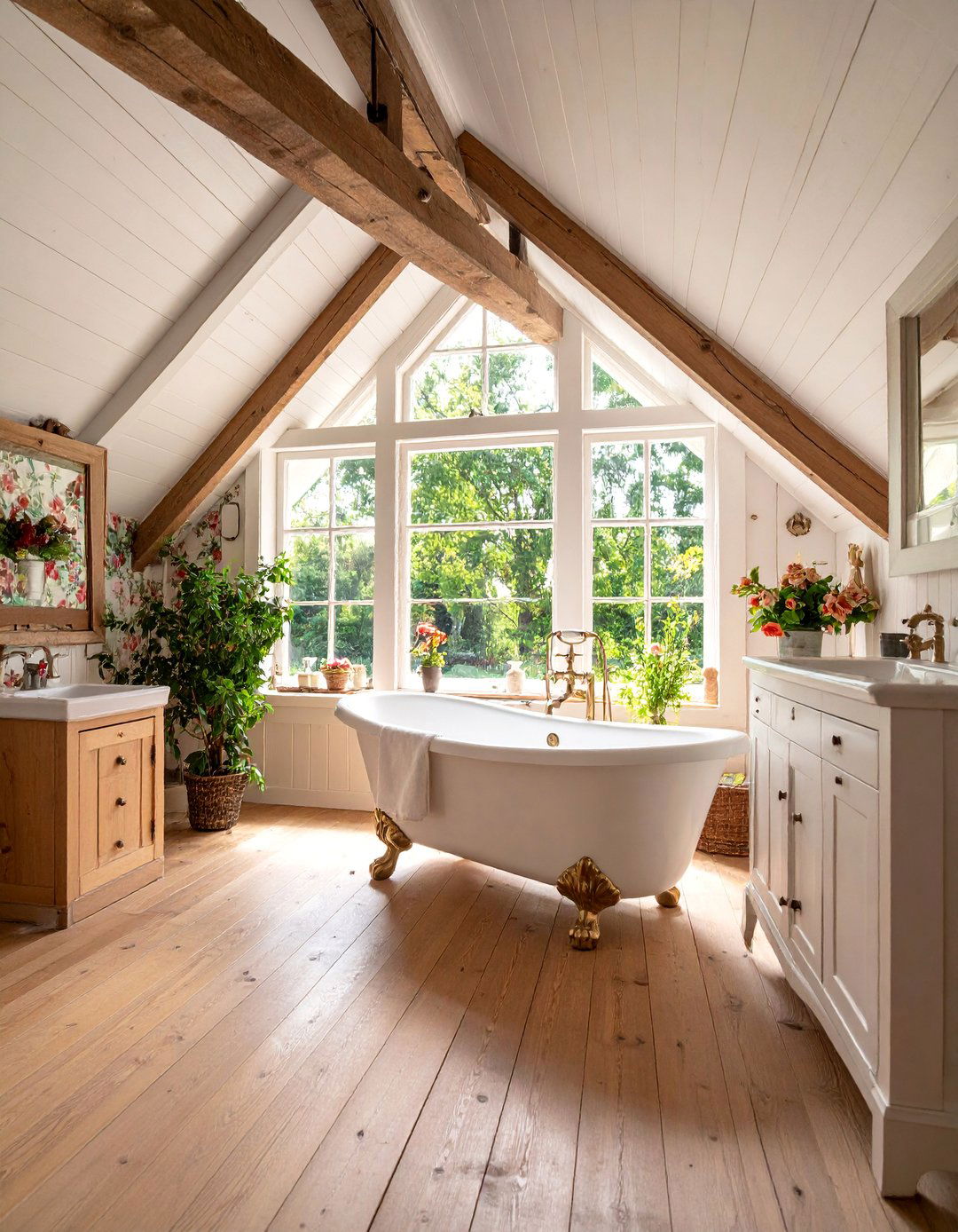 English Country Attic Bathroom with Floral Wallpaper - 25 Attic Bathroom Ideas