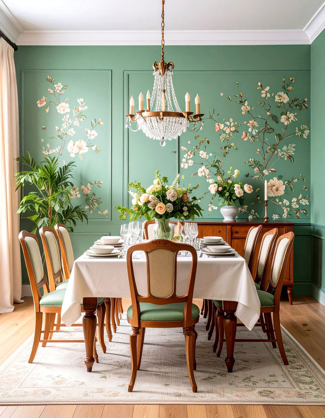English Country Dining Room with Olive Green Wallpaper - 25 Olive Green Accent Wall Ideas