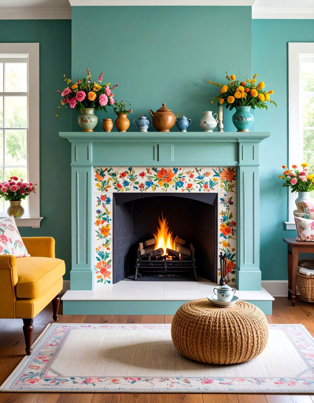English Country Fireplace with Floral Tiles and Cottage Garden Style - 25 Faux Fireplace Ideas