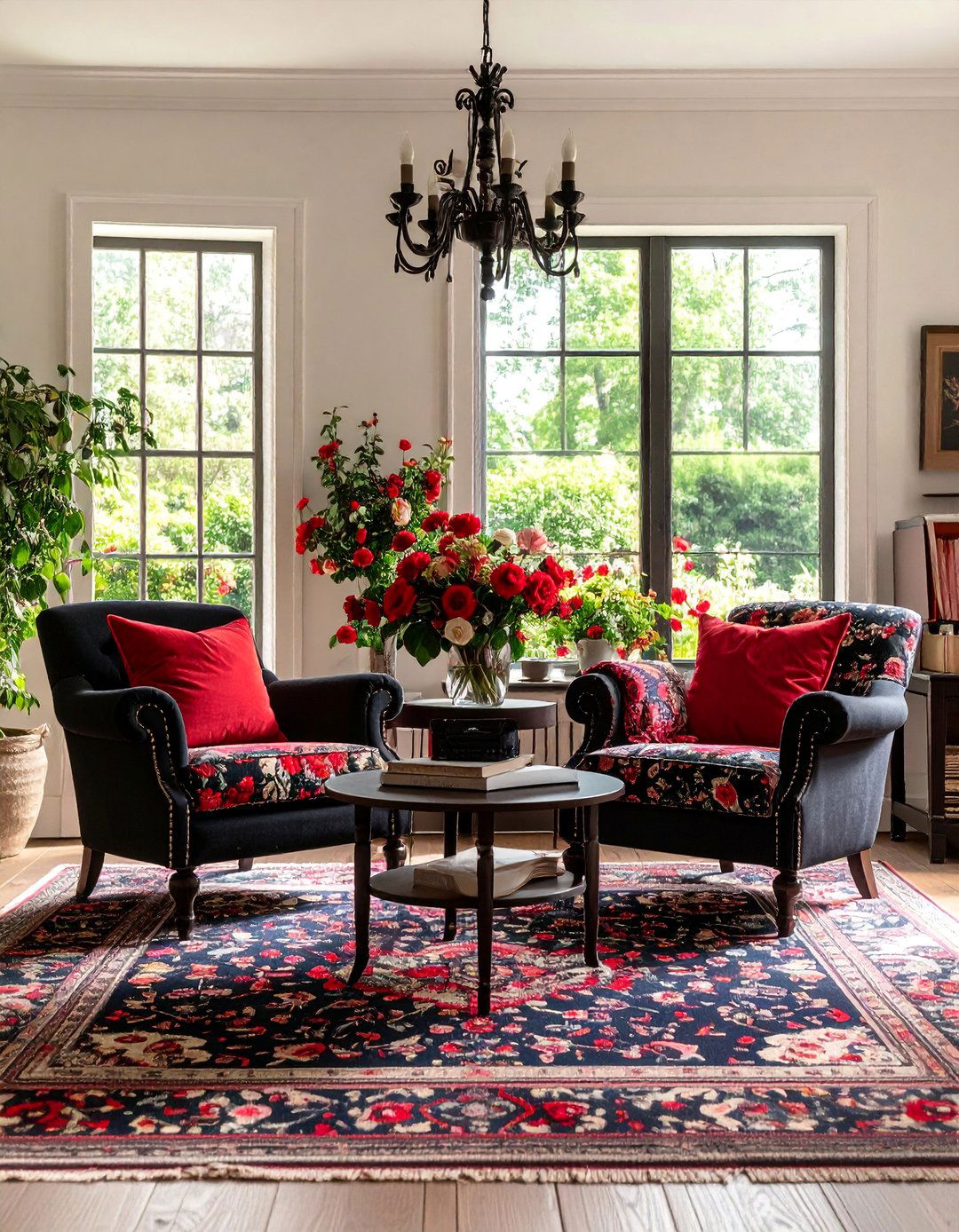 English Country Living Room with Red Florals and Black Windsor Chairs - 25 Black and Red Living Room Ideas