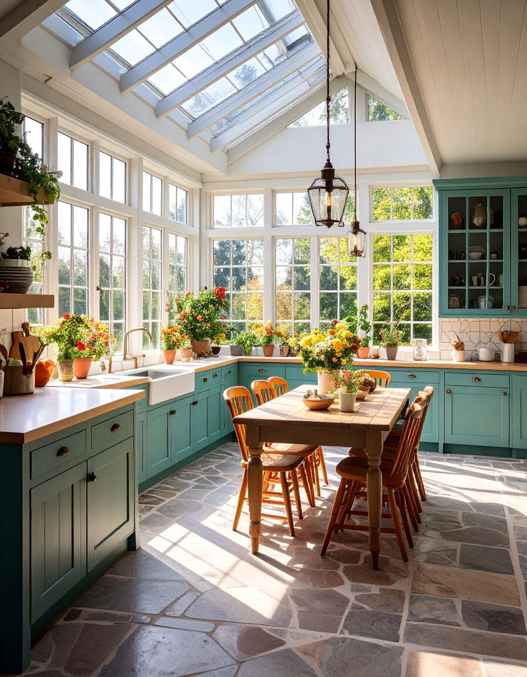English Country Sunroom Kitchen with Garden Views - 25 Sunroom Kitchen Ideas