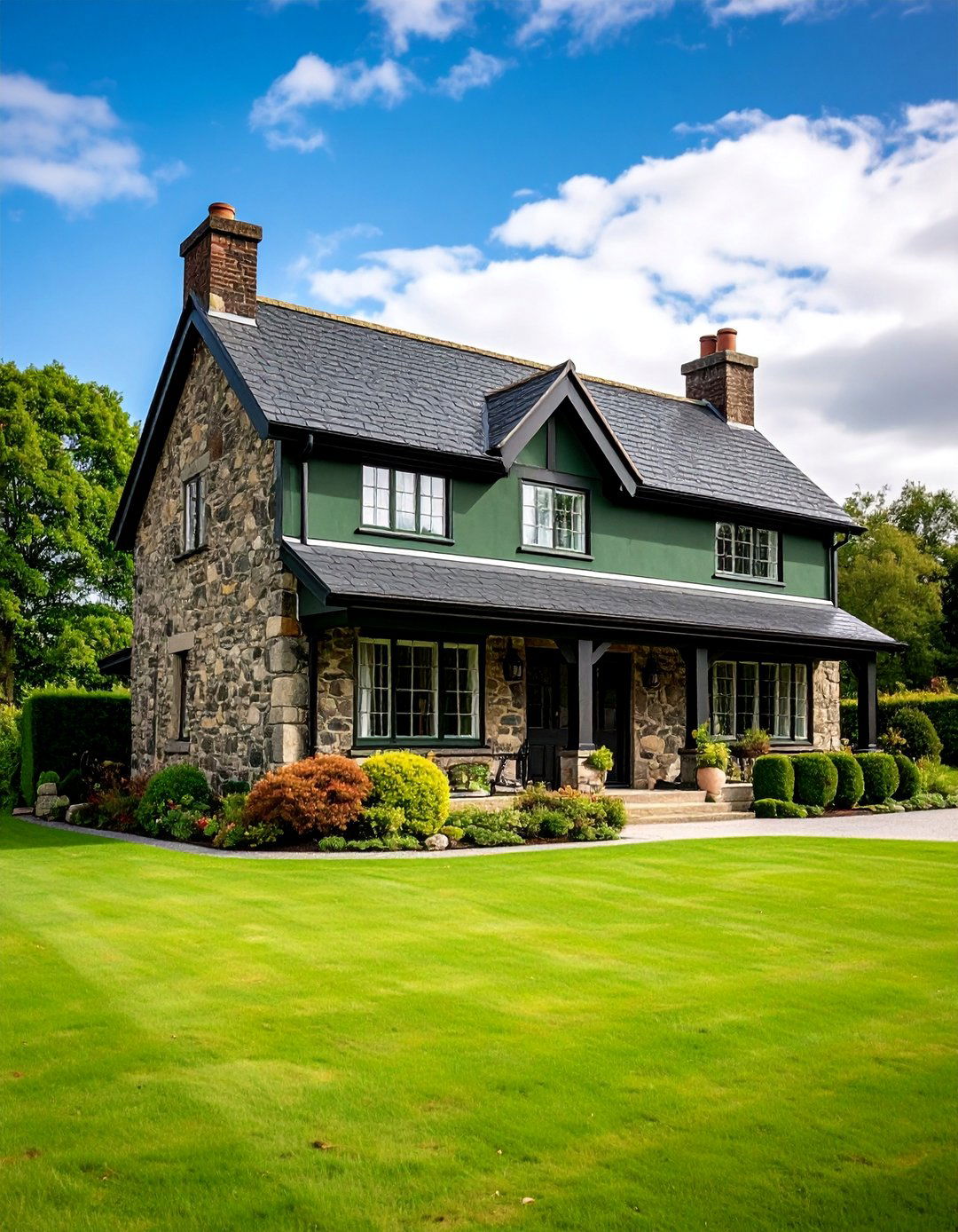English Country with Mixed Materials - 25 Dark Olive Green House Designs