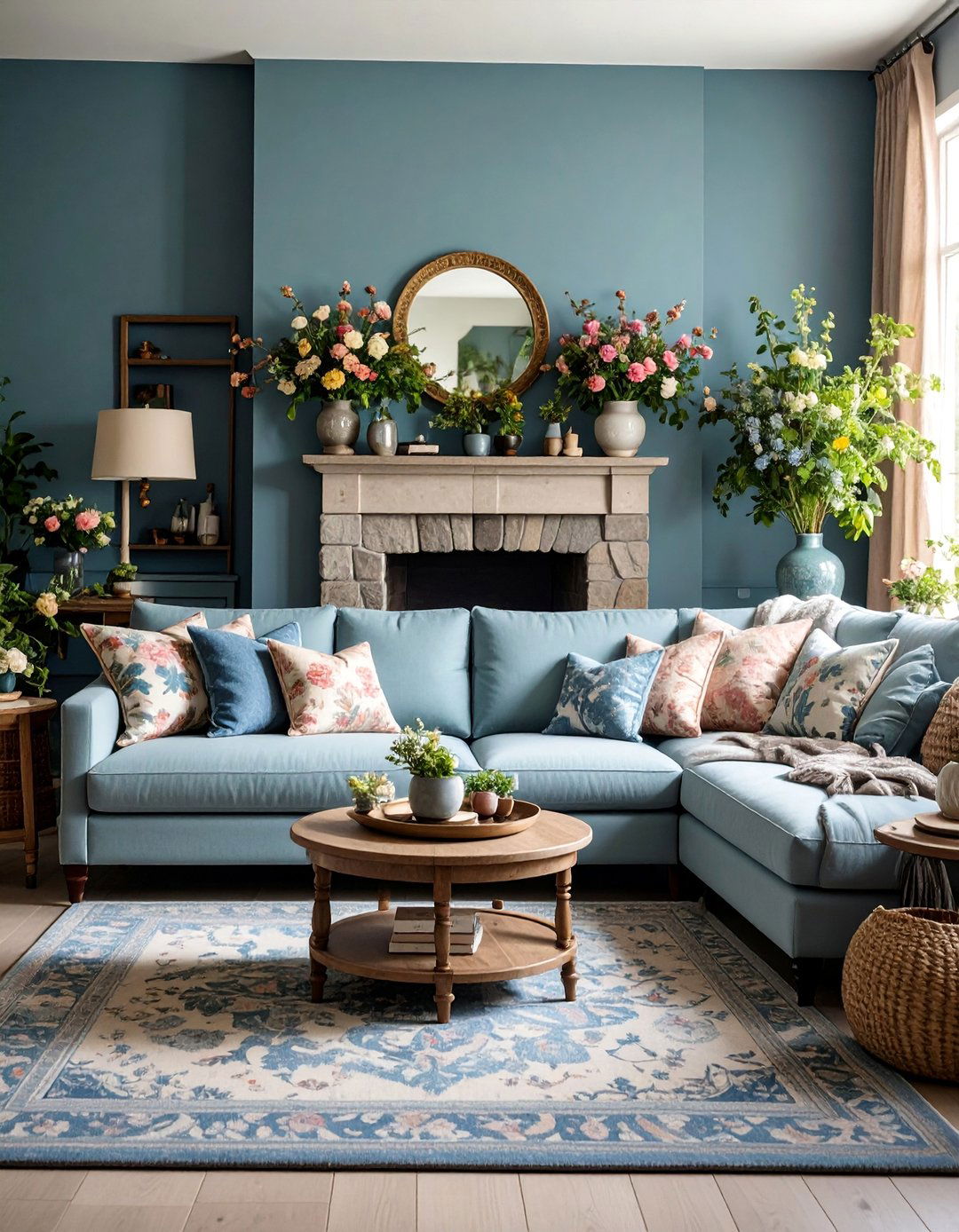 English Garden Blue and Stone Grey Country Living Room - 25 Blue and Grey Living Room Ideas
