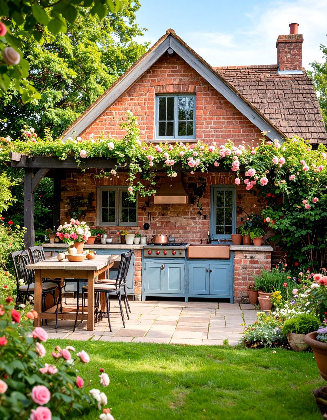 English Garden Cottage with Climbing Roses - 25 Luxury Outdoor Kitchen Ideas