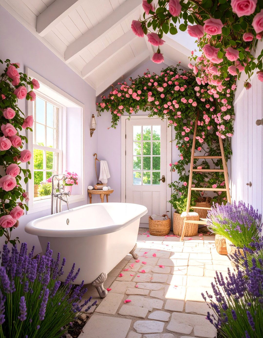 English Garden Cottage with Climbing Roses - 25 Bathroom Mural Ideas
