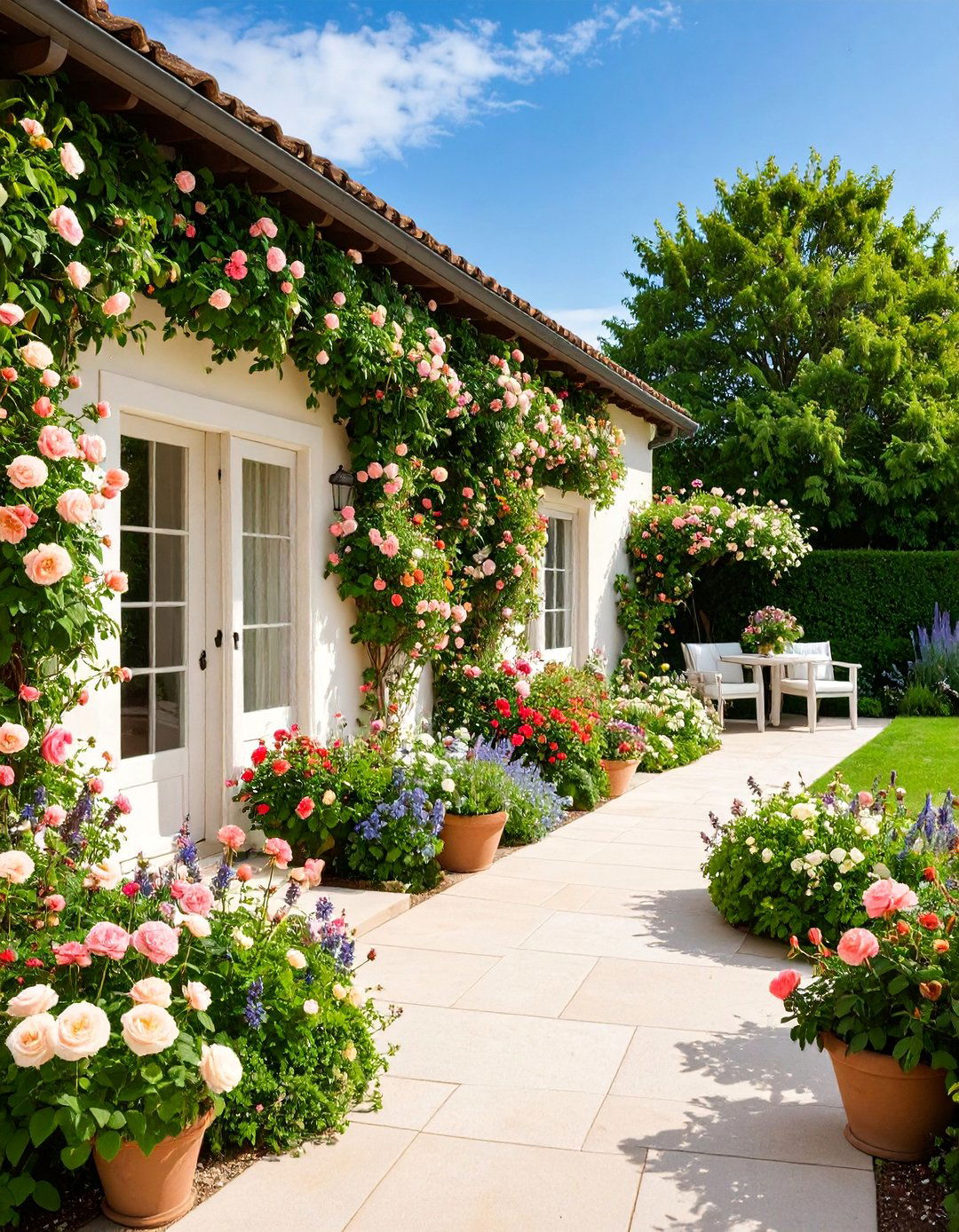 English Garden Floral Border - 25 Painted Concrete Patio Ideas
