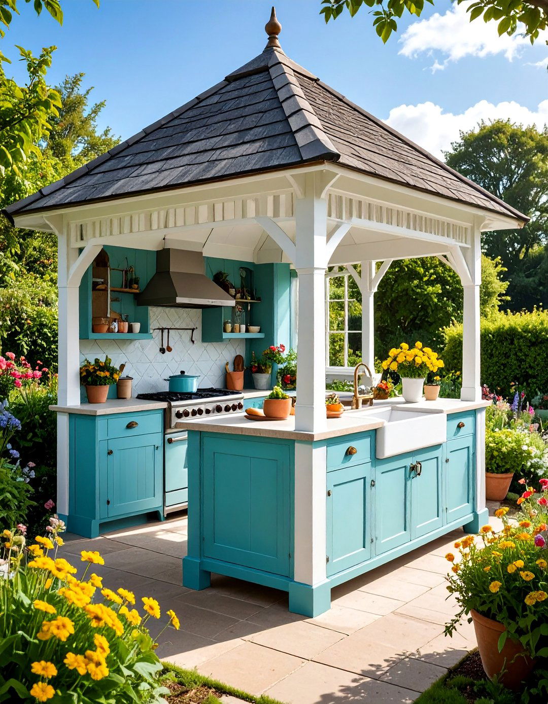 English Garden Style Gazebo with Cottage Kitchen - 25 Outdoor Kitchen with a Gazebo Ideas
