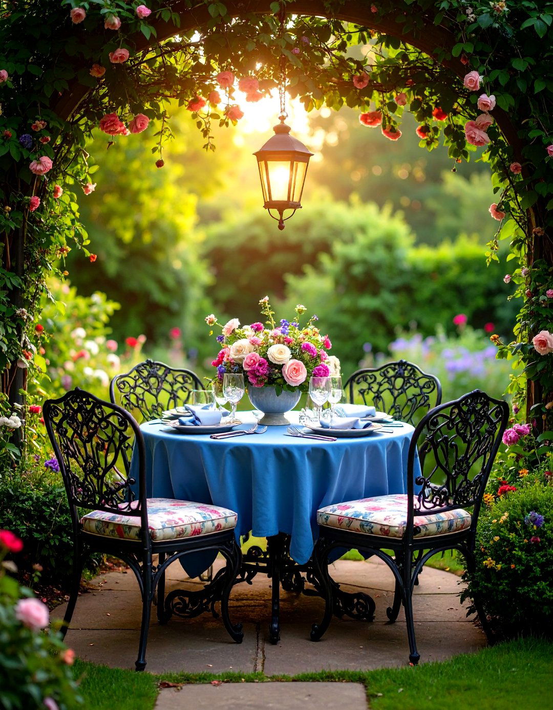 English Garden with Wrought Iron and Florals - 25 Outdoor Dining Area Ideas
