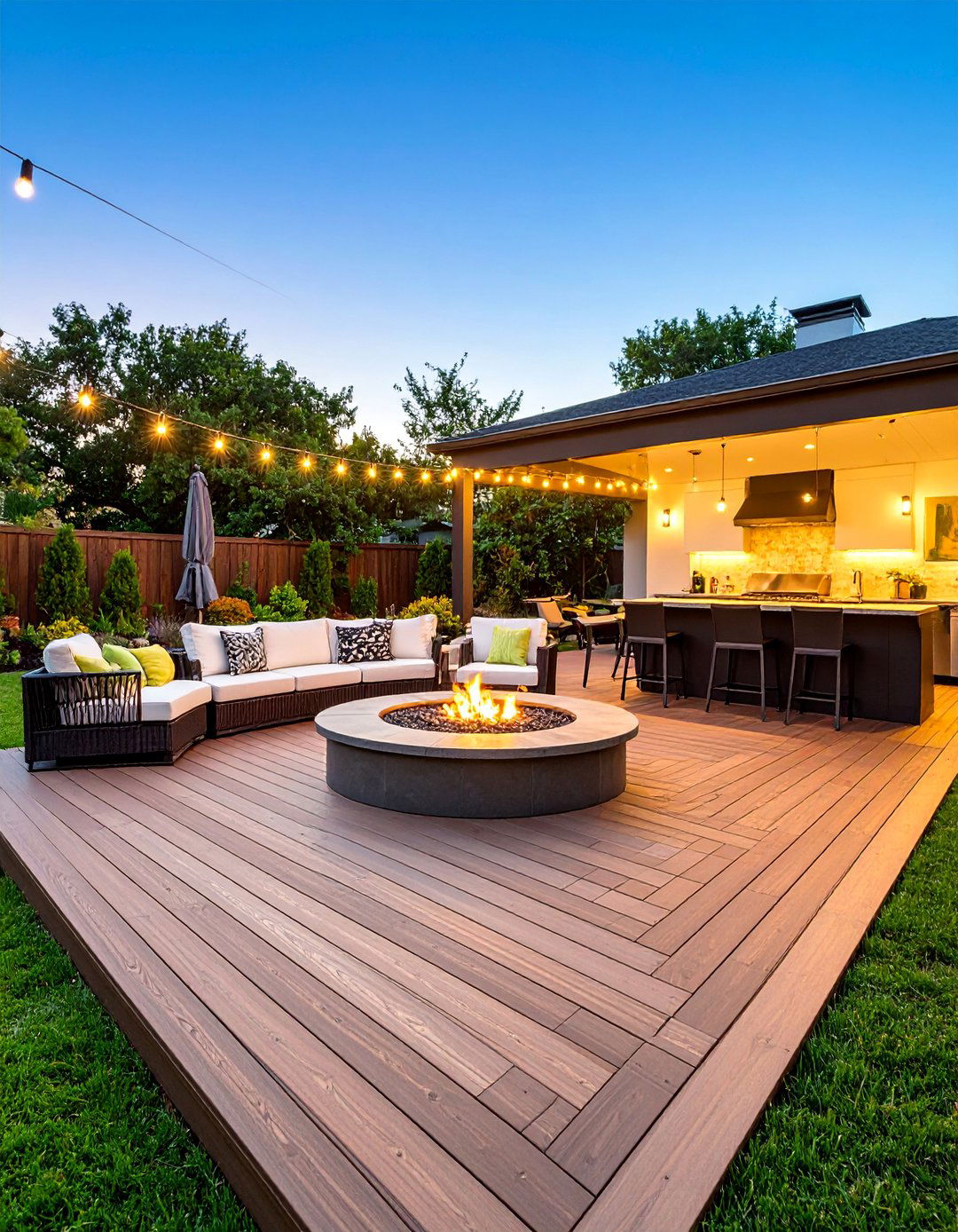 Entertainment Zone Composite Deck with Built in Fire Features - 25 Composite Deck Ideas