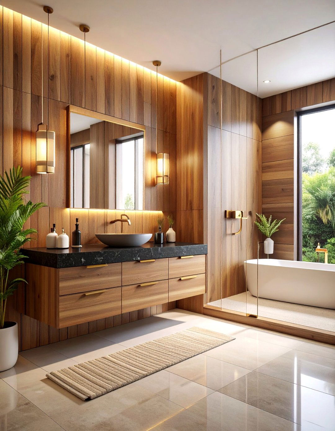 Espresso Wood Panels with Black Stone Countertops - 25 brown and black bathroom ideas