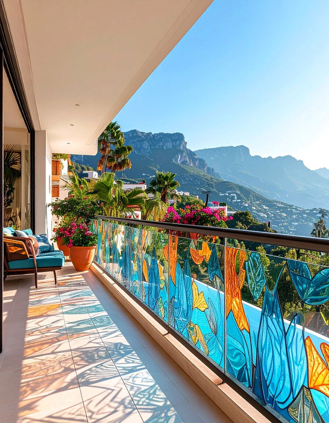 Etched Glass Balcony with Artistic Patterns - 25 Glass Balcony Design Ideas