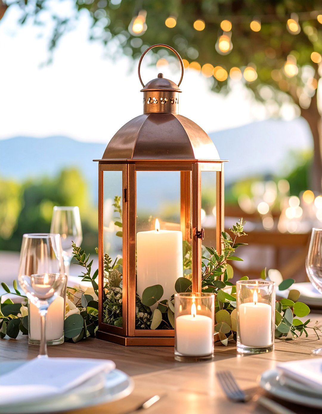 Eucalyptus Copper Lantern Centerpiece - 25 Eucalyptus Wedding Centerpieces