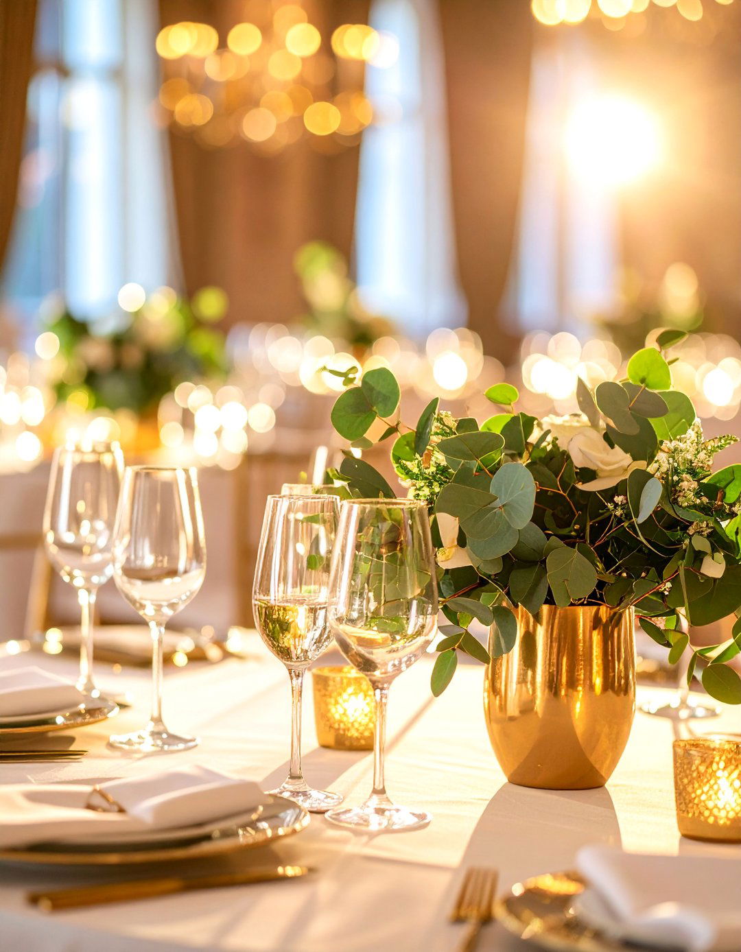 Eucalyptus Gold Accent Glamour Piece - 25 Eucalyptus Wedding Centerpieces