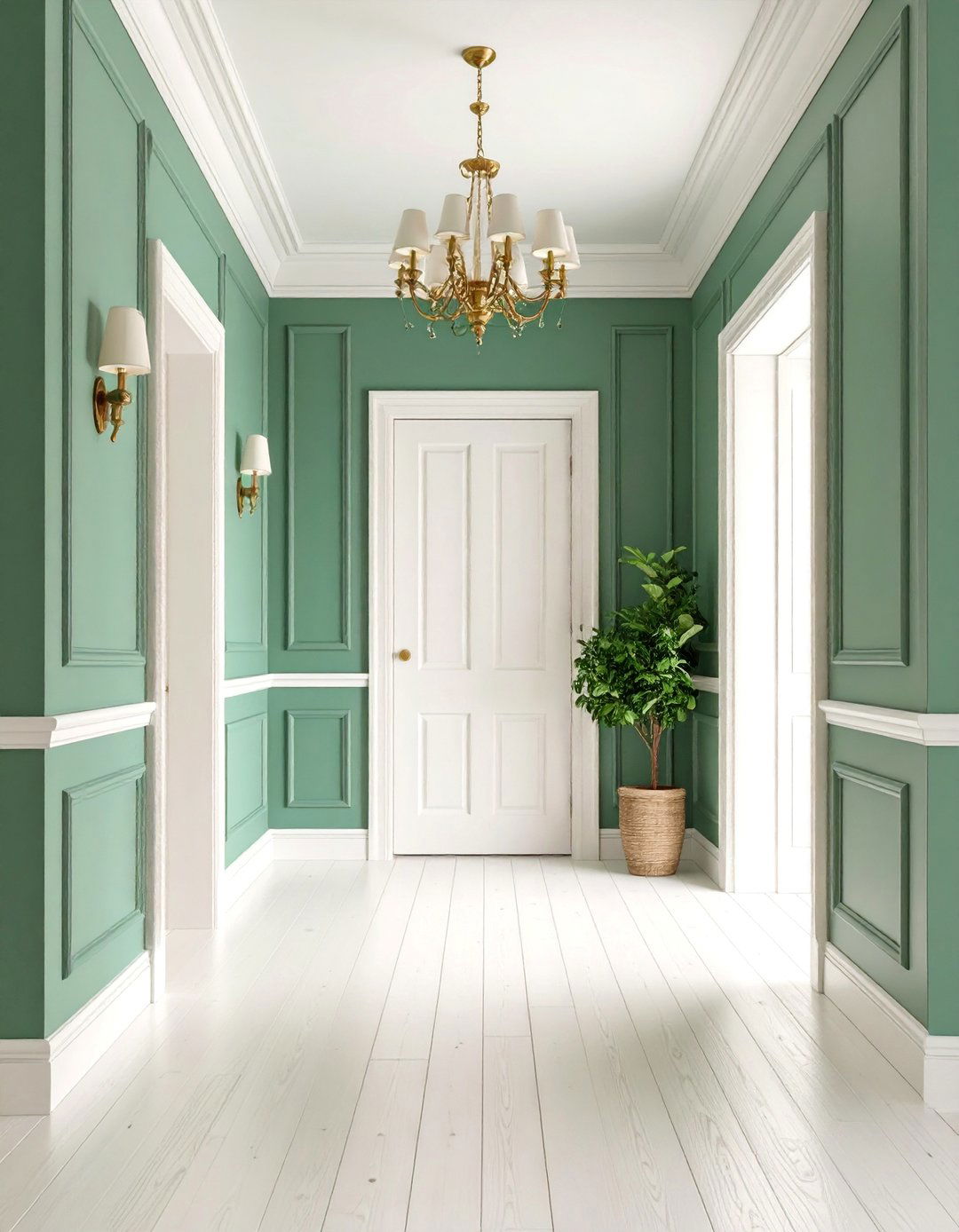 Eucalyptus Green Half Wall with White Wainscoting - 25 Green Accent Wall Ideas