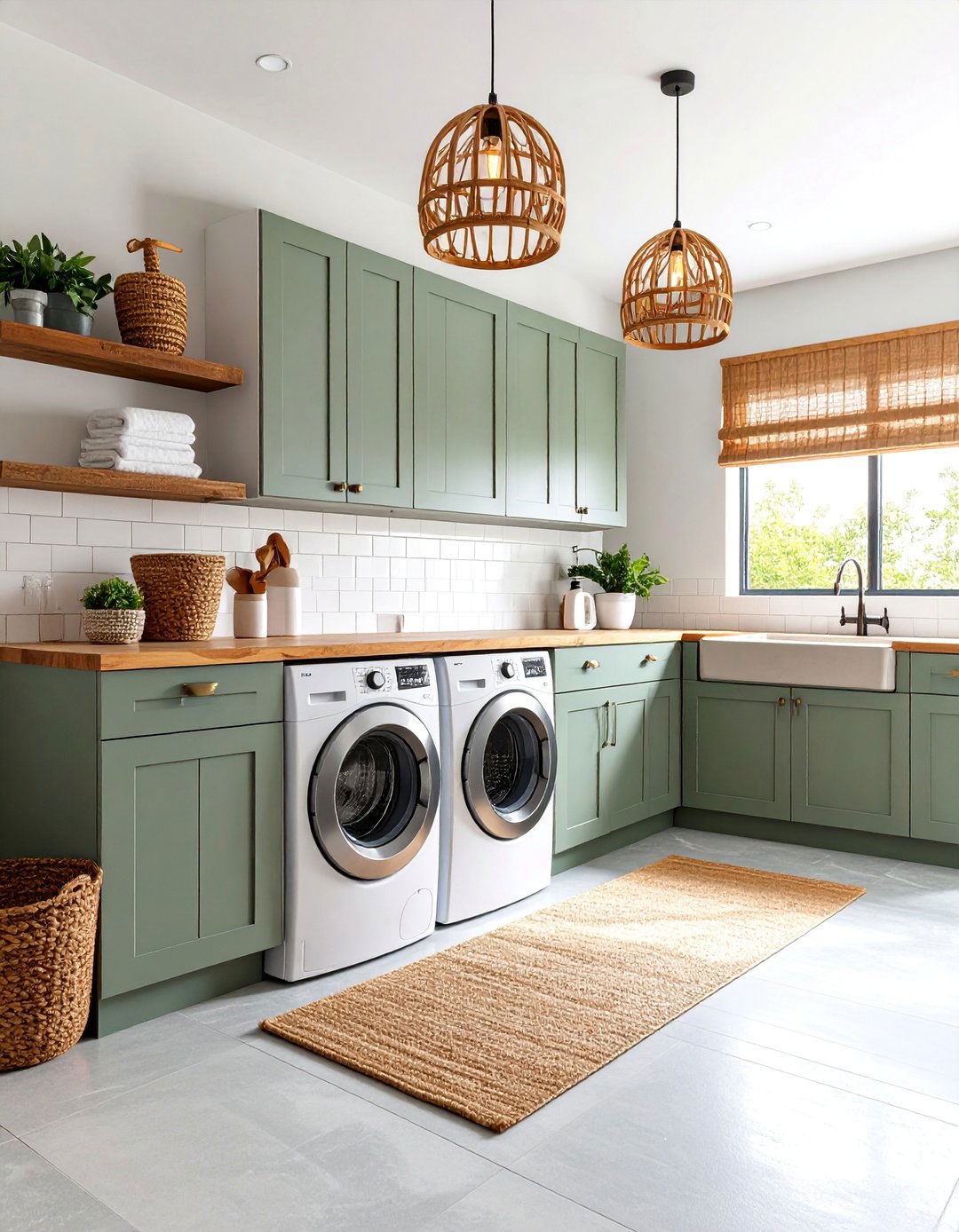 Eucalyptus Green Organic with Natural Wood - 25 Green Laundry Room Ideas