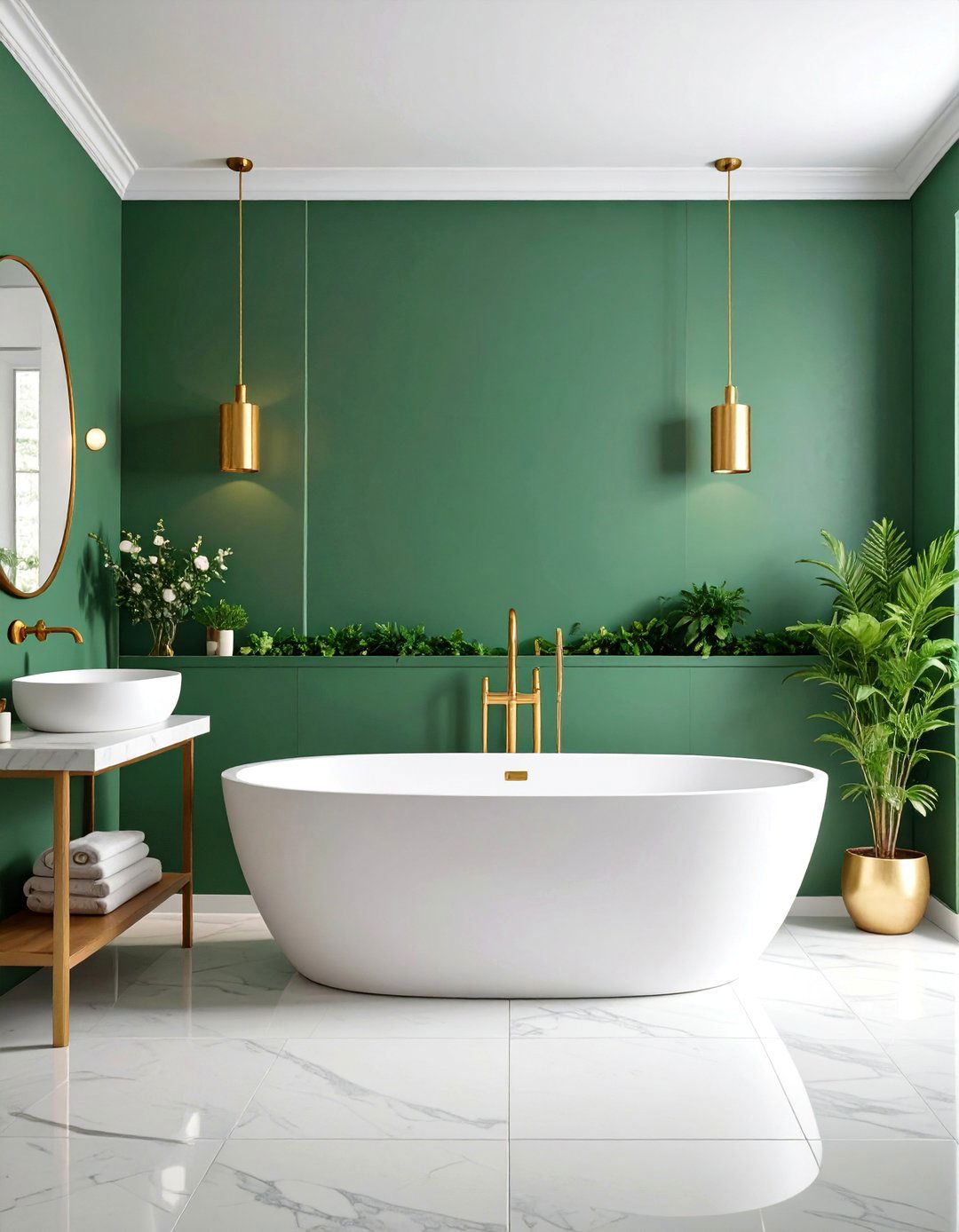 Eucalyptus Green Spa Bathroom with Gold Fixtures - 25 Green and Gold Bathroom Ideas
