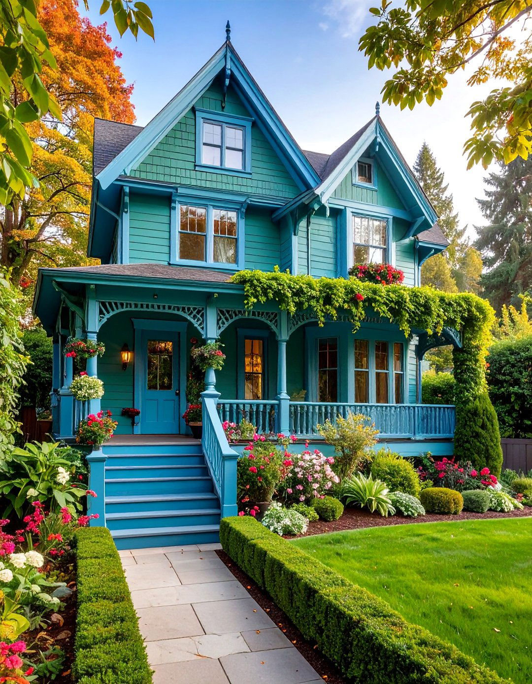 Eucalyptus Green Victorian Spa with Soft Blue Trim - 25 Green Victorian House Colors