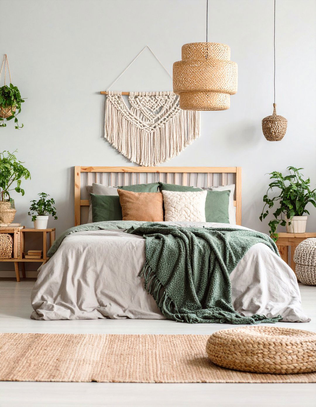 Eucalyptus Green and Taupe Grey Bohemian Bedroom - 25 Green and Grey Bedroom Ideas
