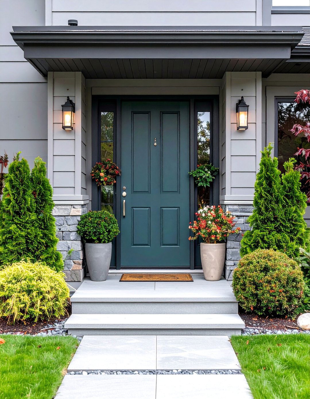 Eucalyptus Green with Gray Exterior Pairing - 25 Dark Green Front Door Ideas
