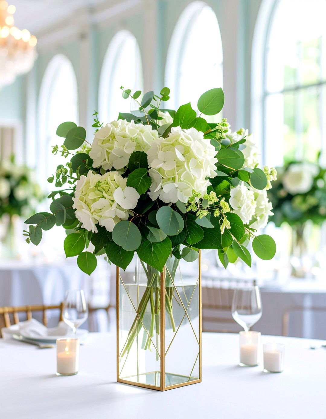 Eucalyptus and White Hydrangea Elevated Design - 25 Eucalyptus Wedding Centerpieces