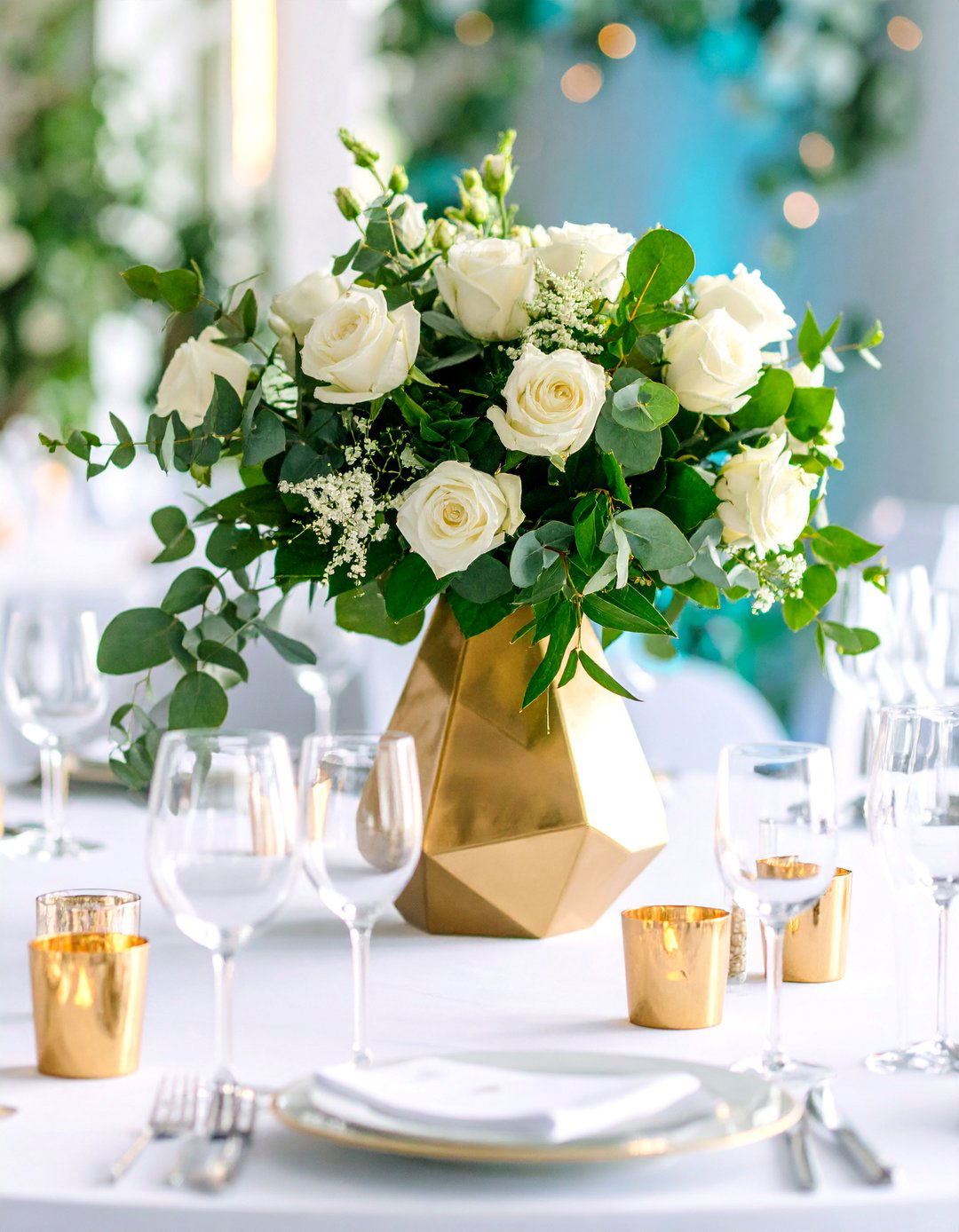 Eucalyptus and White Rose Gold Geometric Vase - 25 Eucalyptus Wedding Centerpieces