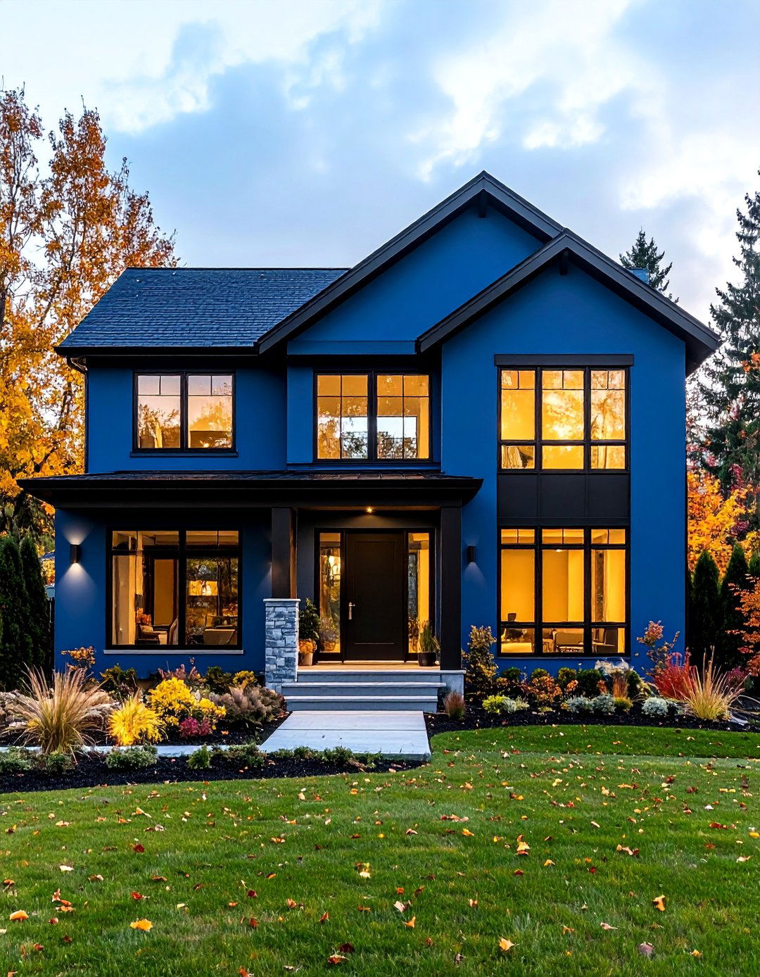 Evening Blue Contemporary with Black Fixtures - 25 Blue House With Black Trim Ideas