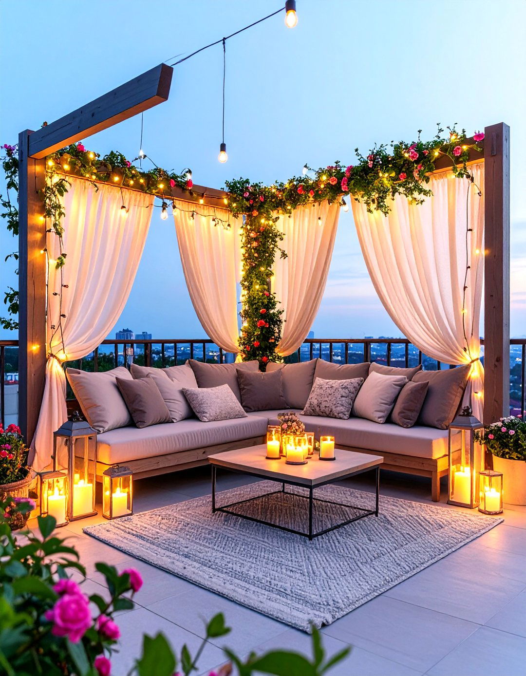 Evening Romance Balcony with Layered Lighting and Intimate Seating - 25 French Balcony Ideas