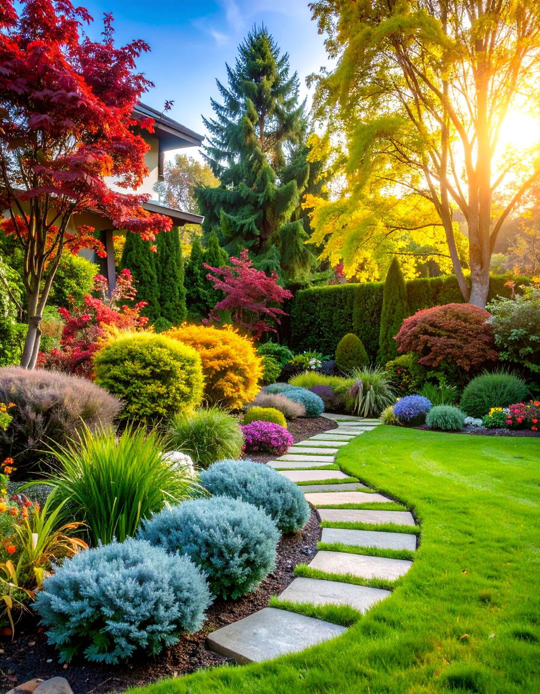 Evergreen Color Gradient Display - 25 Front Yard Evergreen Landscaping Ideas