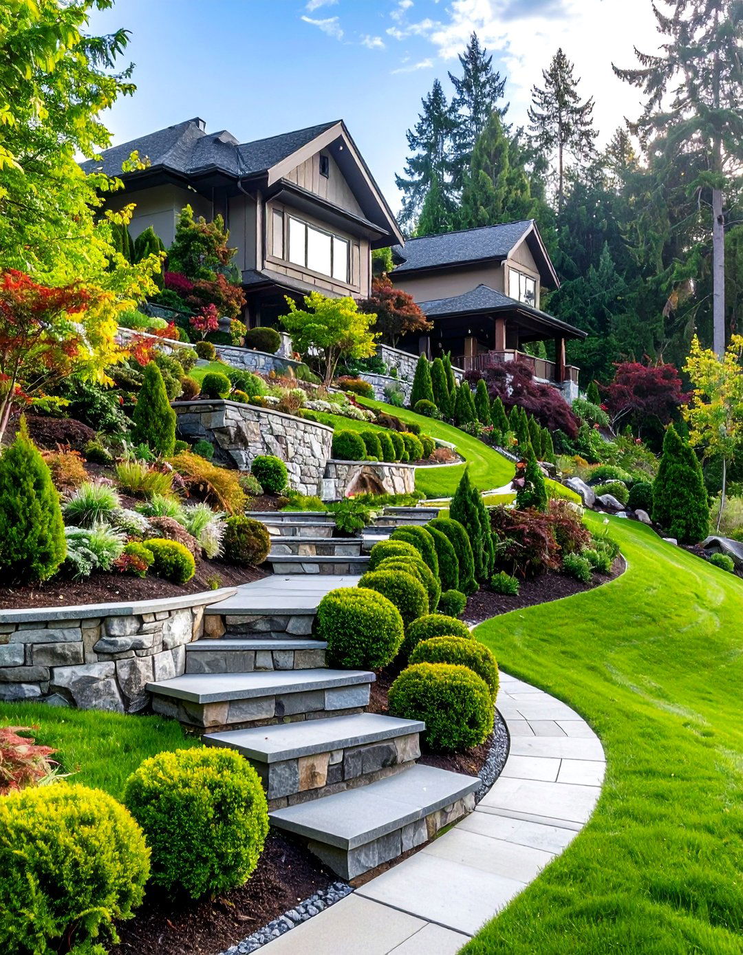 Evergreen Hillside Terracing - 25 Front Yard Evergreen Landscaping Ideas