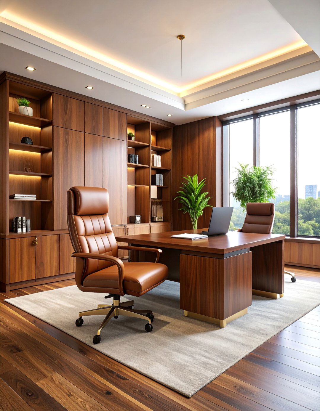 Executive Office with Rich Walnut Wood Accent Wall - 25 Office Accent Wall Ideas