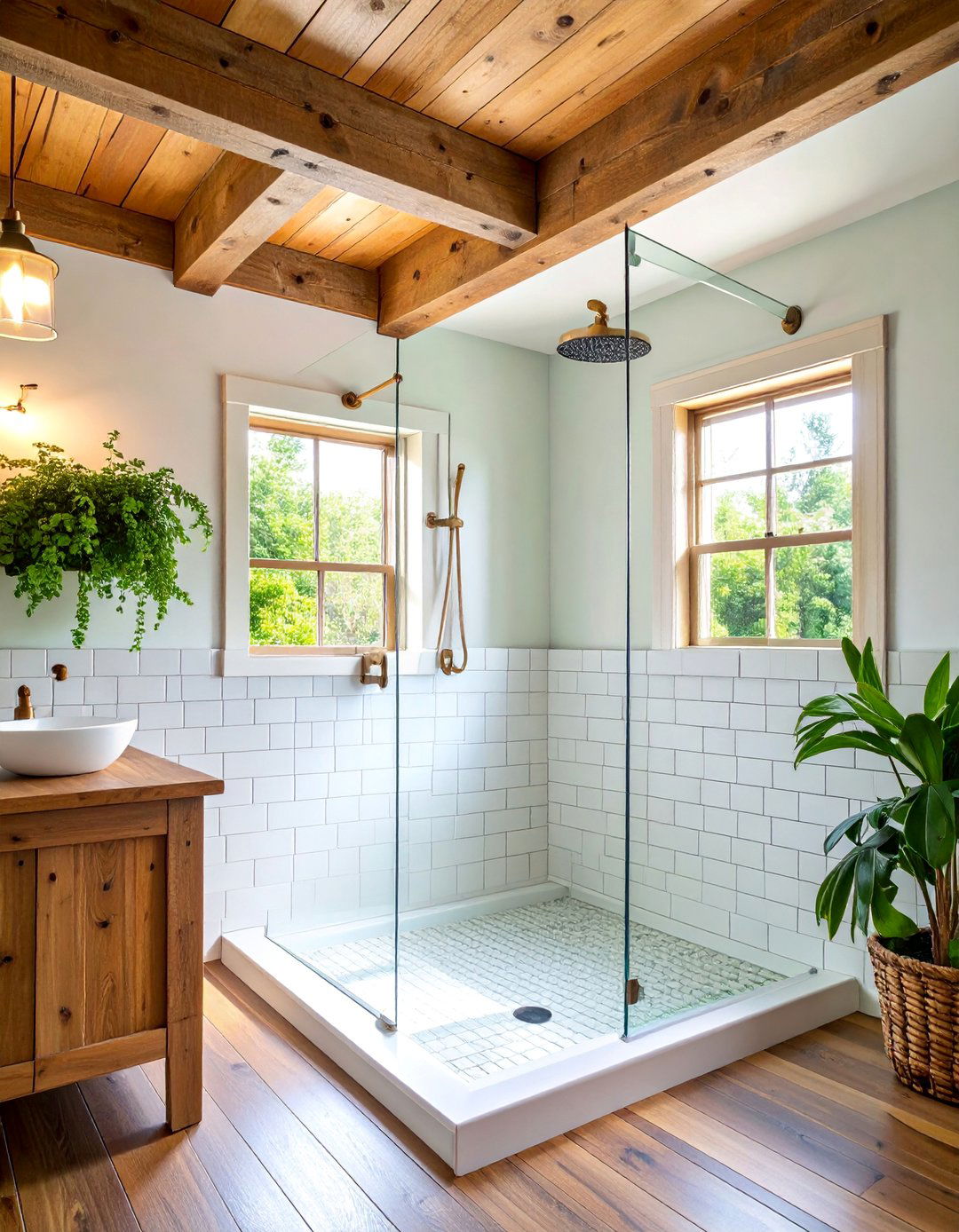 Exposed Beam Ceiling with Subway Tile Walls - 25 Rustic Walk-in Shower Ideas