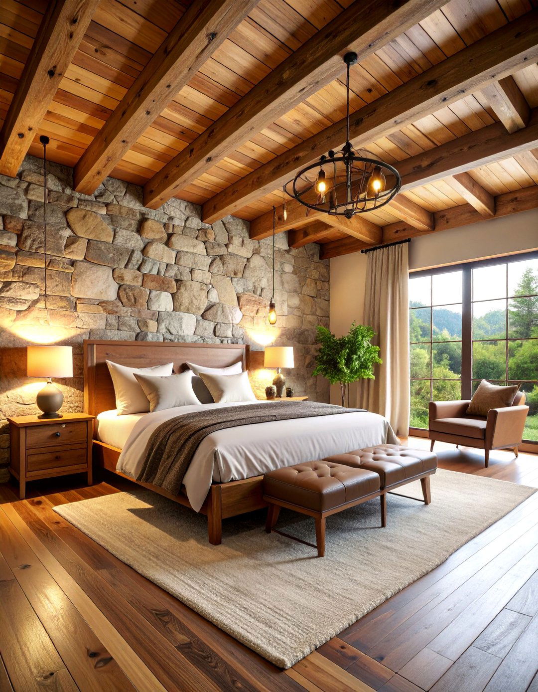 Exposed Beam Farmhouse Bedroom with Stone Accents - 25 Farmhouse Bedroom Ideas