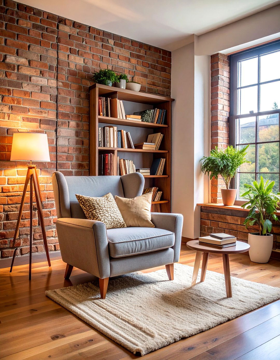 Exposed Brick Fireplace Wall with Cozy Reading Nook - 25 Cabin Decor Ideas