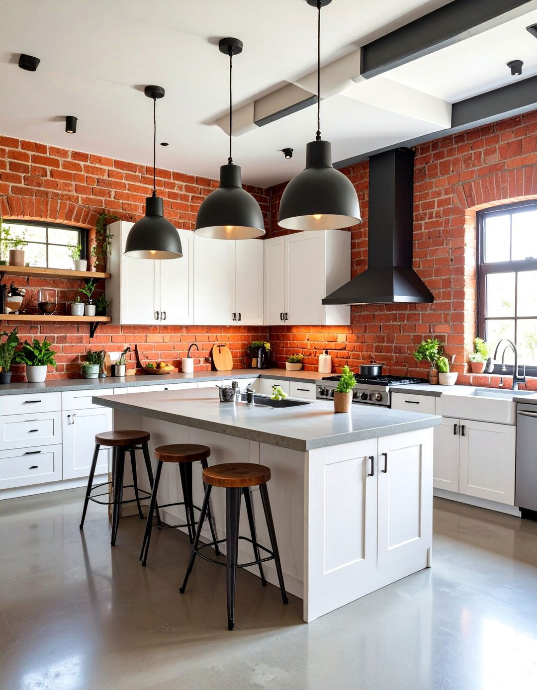 Exposed Brick Kitchen with Industrial Pendant Lights - 25 Rustic Kitchen Ideas