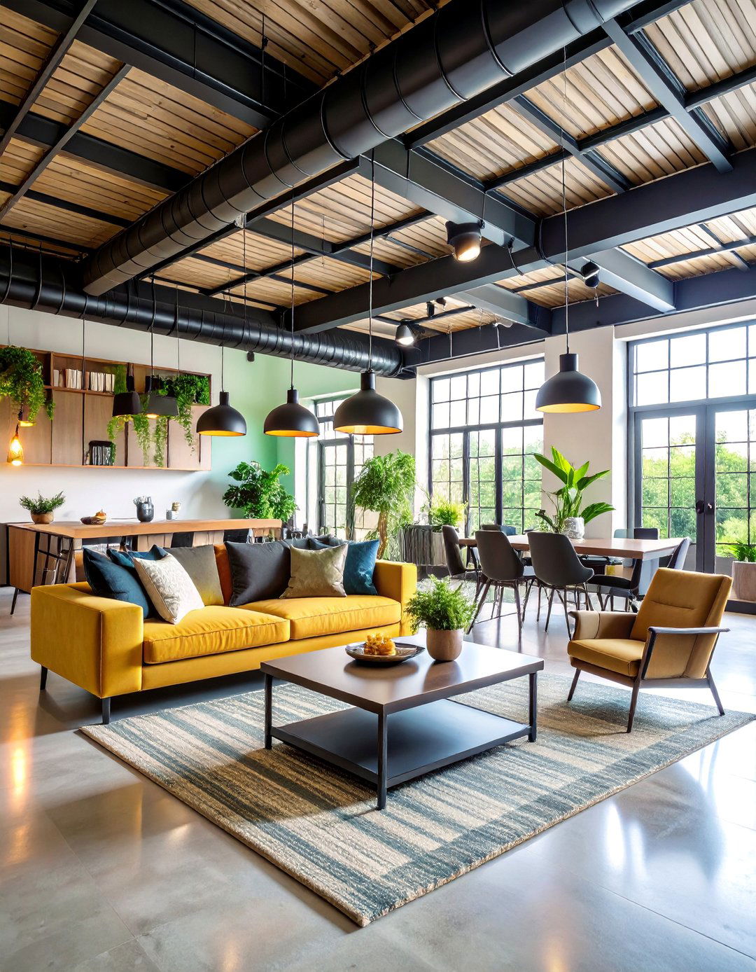 Exposed Ductwork Living Space with Metal Grid Ceiling - 25 Industrial Decor Ideas