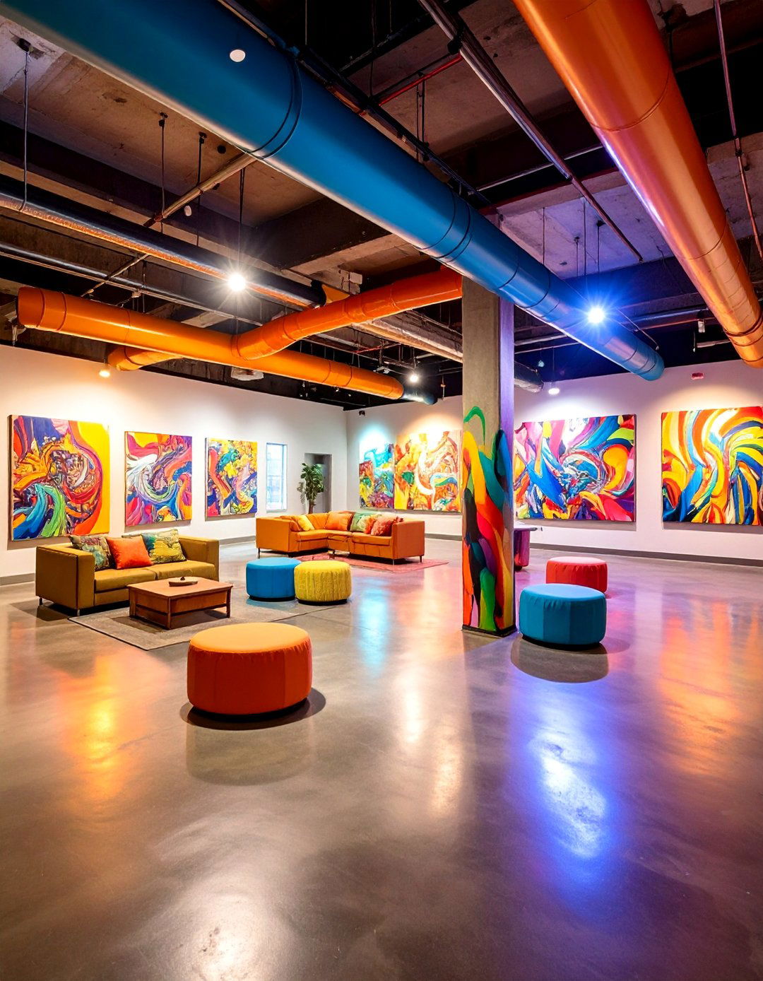 Exposed Pipe Gallery Ceiling with Industrial Art - 25 Exposed Basement Ceiling Ideas