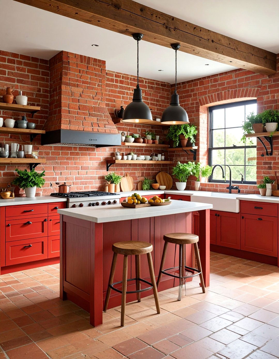 Exposed Red Brick with Natural Mortar Lines - 25 Rustic Backsplash Ideas