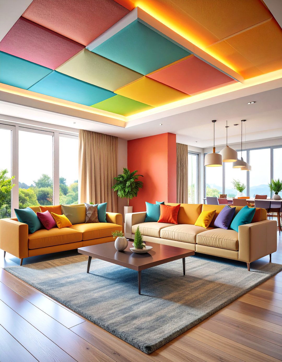 Fabric Acoustic False Ceiling with Ambient Lighting - 25 Living Room False Ceiling Design Ideas