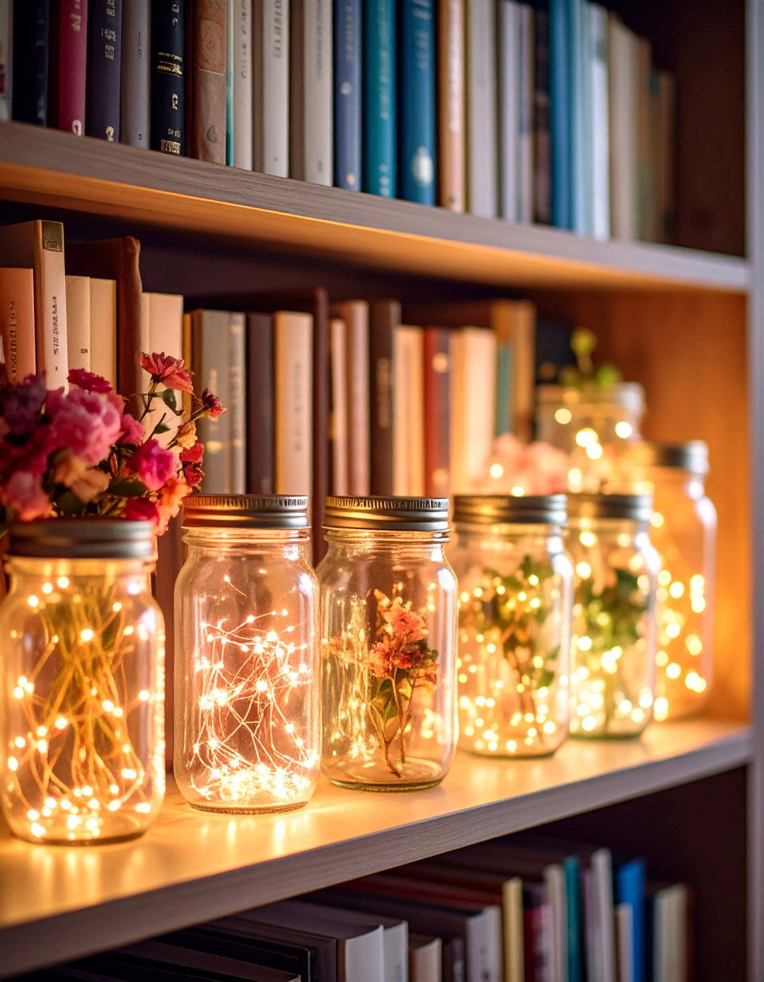 Fairy Light String Illumination in Glass Containers - 25 Bookshelf Lighting Ideas