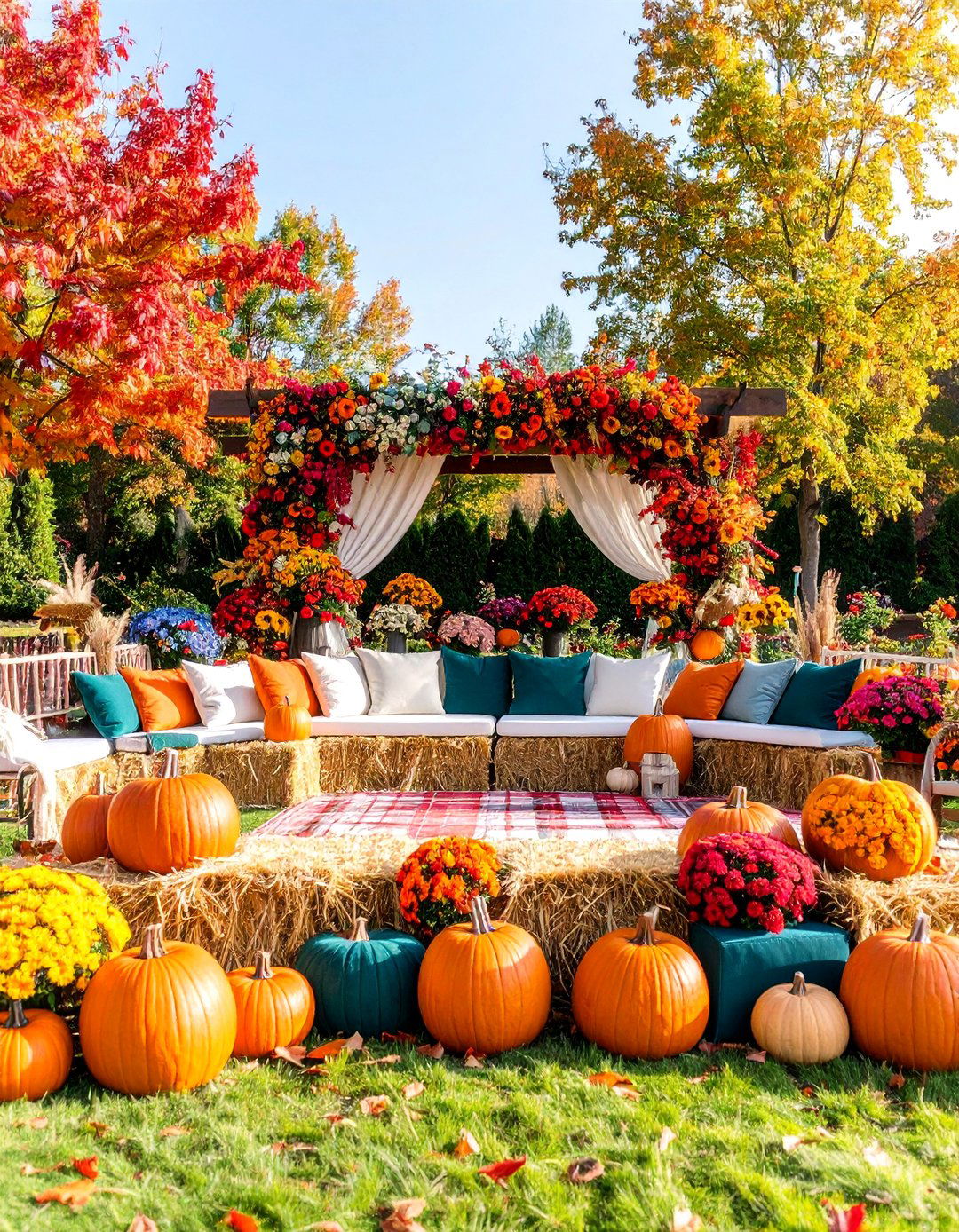 Fall Wedding Altar with Autumn Foliage and Pumpkins - 25 Wedding Altar Ideas