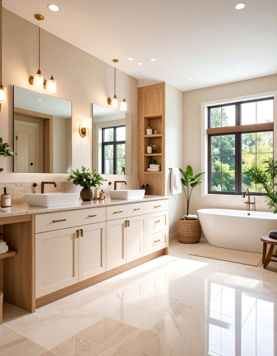 Family Bathroom with Beige Quartz and White Storage Solutions - 25 Beige and White Bathroom Ideas