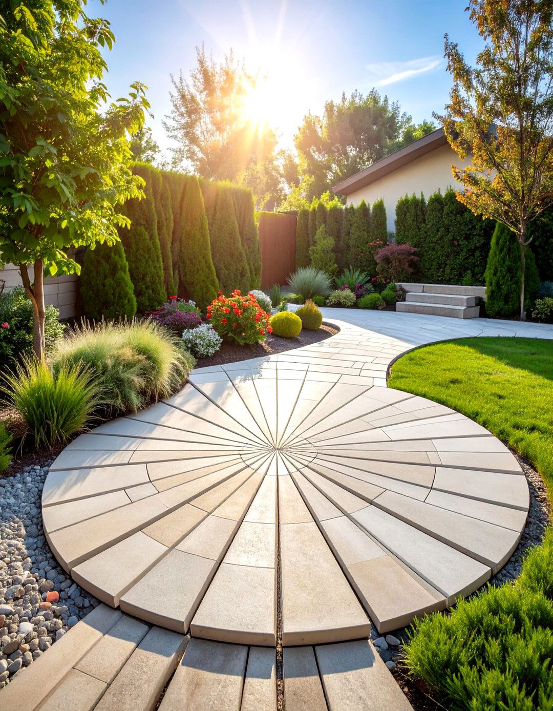 Fan Pattern Decorative Concrete Paver Feature - 25 Concrete Paver Walkway Ideas