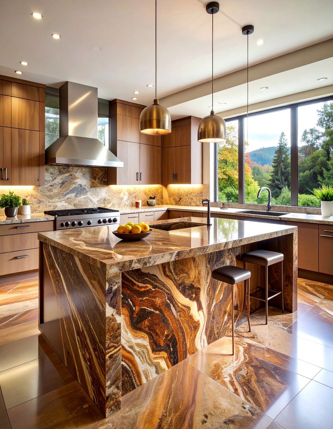 Fantasy Brown Granite Waterfall Island - 25 Waterfall Kitchen Island Ideas