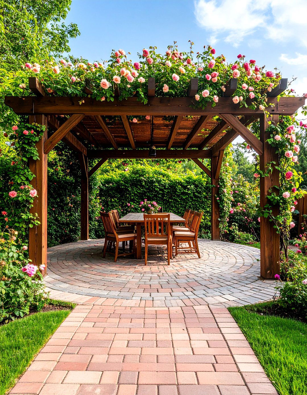 Farmhouse Arbor Entry Patio with Climbing Roses - 25 Farmhouse Patio Ideas