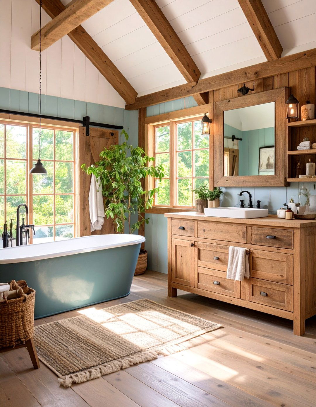 Farmhouse Bathroom with Shiplap Walls and Barn Door - 25 Traditional Bathroom Ideas