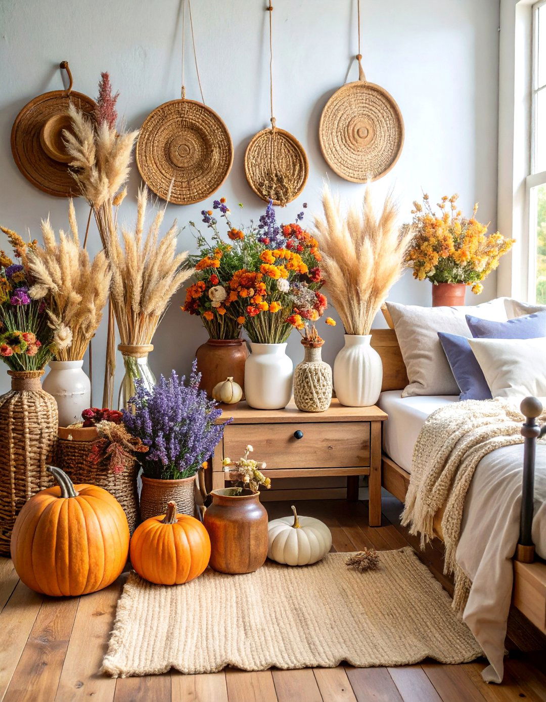 Farmhouse Bedroom with Dried Flower Arrangements - 25 Farmhouse Bedroom Ideas